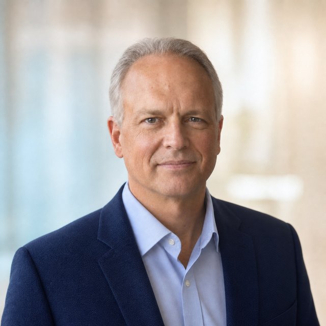 Kevin Lease in a navy blazer, open collar, looking at the camera